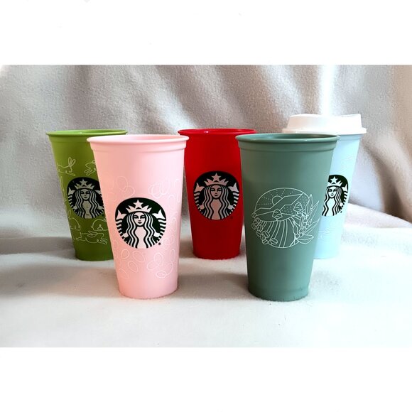 Lot of 5 Starbucks tumblers 16 oz. plastic w/ 1 lid - Easter, mermaid, other - Picture 1 of 9